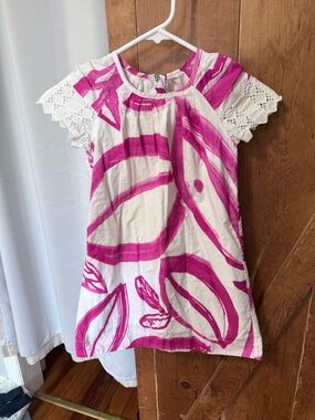 Catimini White Dress with Bright Fuchsia Brushstroke Print